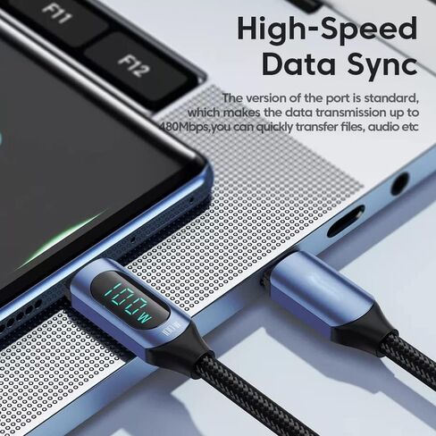 كابل Super Turbo Charging 5A Type C إلى Type C مع 100W PD، شاشة LED رقمية، تصميم مجدول من النايلون - مزامنة سريعة للبيانات، تيار مستقر عالي، شريحة ذكية لأجهزة Android (طول 2 متر، أزرق) in Kuwait
