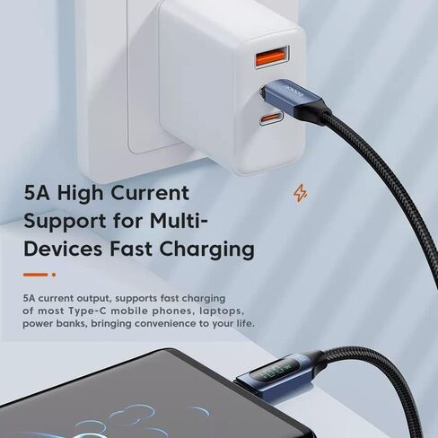 كابل Super Turbo Charging 5A Type C إلى Type C مع 100W PD، شاشة LED رقمية، تصميم مجدول من النايلون - مزامنة سريعة للبيانات، تيار مستقر عالي، شريحة ذكية لأجهزة Android (طول 2 متر، أزرق) in Kuwait