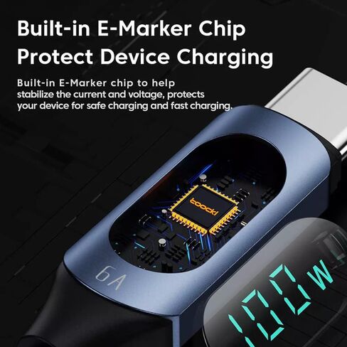 كابل Super Turbo Charging 5A Type C إلى Type C مع 100W PD، شاشة LED رقمية، تصميم مجدول من النايلون - مزامنة سريعة للبيانات، تيار مستقر عالي، شريحة ذكية لأجهزة Android (طول 2 متر، أزرق) in Kuwait