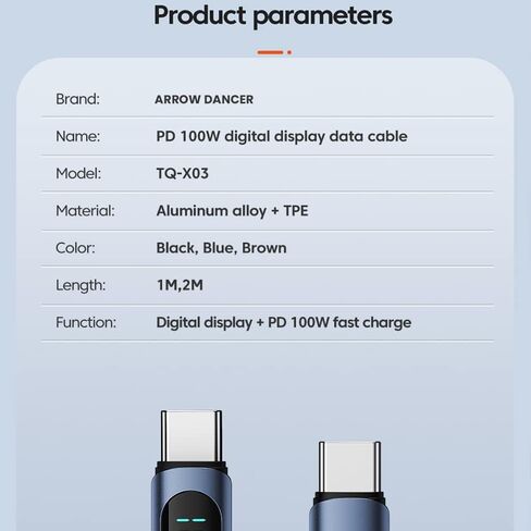 كابل Super Turbo Charging 5A Type C إلى Type C مع 100W PD، شاشة LED رقمية، تصميم مجدول من النايلون - مزامنة سريعة للبيانات، تيار مستقر عالي، شريحة ذكية لأجهزة Android (طول 2 متر، أزرق) in Kuwait