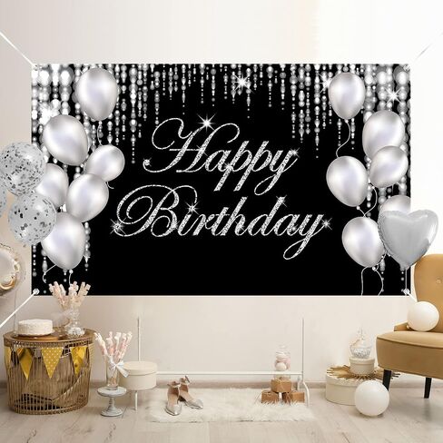 Blue Silver Happy Birthday Decorations - Large Banner & Backdrop for Indoor/Outdoor Parties - Supplies for Men, Women, Boys & Girls in Kuwait