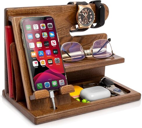 TESLYAR Wood Phone Docking Station Ash Key Holder Wallet Stand Watch Organizer Men Gift Husband Wife Anniversary Dad Birthday Nightstand Purse Father Graduation Male Travel Idea Gadgets (Black) in Kuwait