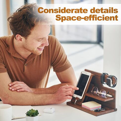 TESLYAR Wood Phone Docking Station Ash Key Holder Wallet Stand Watch Organizer Men Gift Husband Wife Anniversary Dad Birthday Nightstand Purse Father Graduation Male Travel Idea Gadgets (Black) in Kuwait