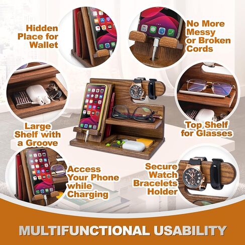 TESLYAR Wood Phone Docking Station Ash Key Holder Wallet Stand Watch Organizer Men Gift Husband Wife Anniversary Dad Birthday Nightstand Purse Father Graduation Male Travel Idea Gadgets (Black) in Kuwait