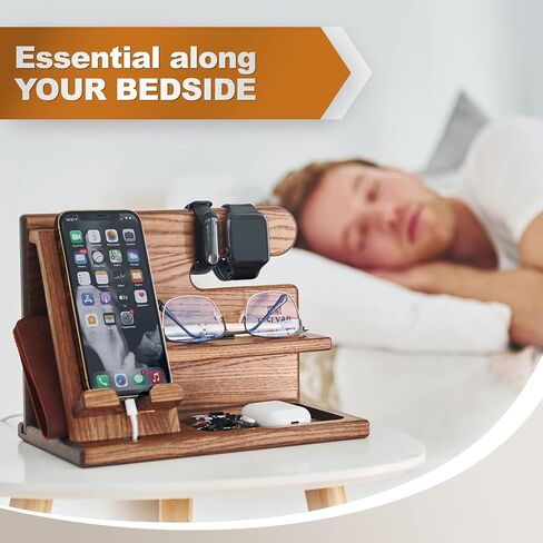 TESLYAR Wood Phone Docking Station Ash Key Holder Wallet Stand Watch Organizer Men Gift Husband Wife Anniversary Dad Birthday Nightstand Purse Father Graduation Male Travel Idea Gadgets (Black) in Kuwait