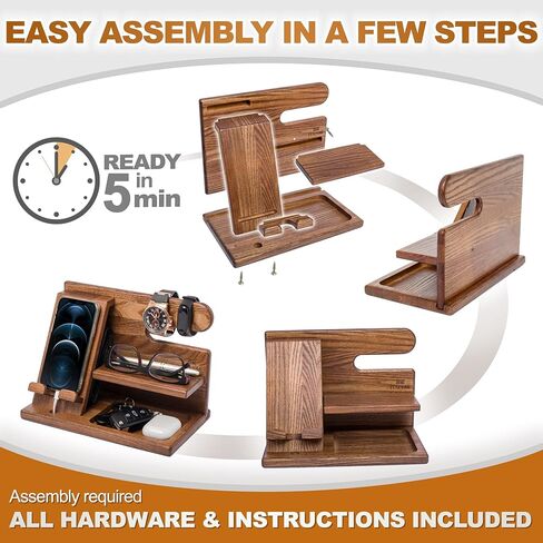 TESLYAR Wood Phone Docking Station Ash Key Holder Wallet Stand Watch Organizer Men Gift Husband Wife Anniversary Dad Birthday Nightstand Purse Father Graduation Male Travel Idea Gadgets (Black) in Kuwait
