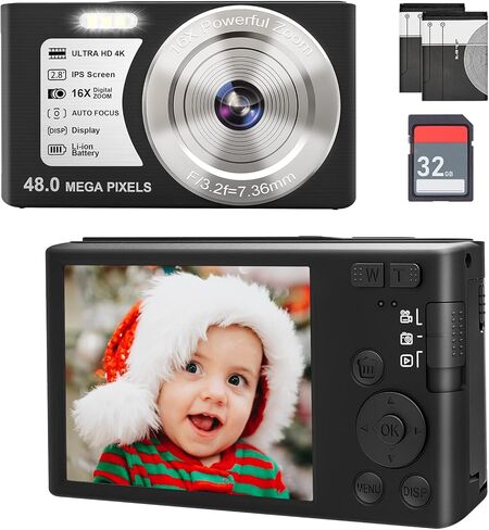 48MP 16X Digital Camera,4K Kids Digital Camera 32GB Micro SD Card and 2 Batteries,Suitable Gift for Teenagers or Your Friends in Kuwait