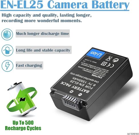بطارية قابلة للشحن ActZone EN-EL25 لكاميرا Nikon Z50، Z 50، Z FC الرقمية بدون مرآة، متوافقة مع بطارية Nikon ENEL25 EN-EL25a 4241 in Kuwait