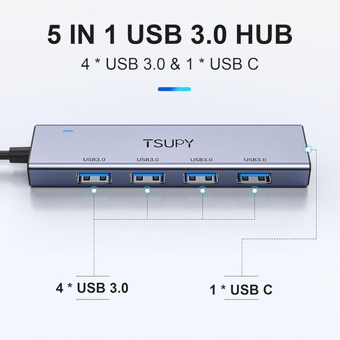 USB 3.0 HUB, TSUPY USB Splitter with 5 USB Ports and 4ft Extended Cable,Ultra-Slim Aluminium Data Hub Multi USB 3.0 Adapter HUB for Laptop,MacBook,PC, Printer, Mobile HDD and More in Kuwait