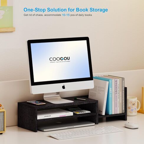 حامل شاشة كمبيوتر مكتبي من COOGOU مع مساحة تخزين، منظم حامل شاشة سطح مكتب صغير، حامل شاشة رف كمبيوتر أسود، حامل شاشة كمبيوتر زاوية بطبقتين مع حامل رف الكتب in Kuwait