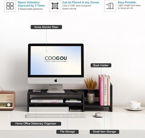 حامل شاشة كمبيوتر مكتبي من COOGOU مع مساحة تخزين، منظم حامل شاشة سطح مكتب صغير، حامل شاشة رف كمبيوتر أسود، حامل شاشة كمبيوتر زاوية بطبقتين مع حامل رف الكتب in Kuwait