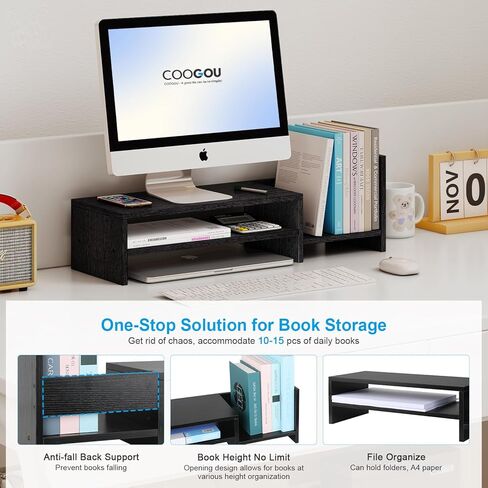 حامل شاشة كمبيوتر مكتبي من COOGOU مع مساحة تخزين، منظم حامل شاشة سطح مكتب صغير، حامل شاشة رف كمبيوتر أسود، حامل شاشة كمبيوتر زاوية بطبقتين مع حامل رف الكتب in Kuwait