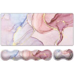 Keyboard Wrist Rest + Large Gaming Mouse Pad + Mouse Wrist Rest Support Set, Desk Pad with Stitched Edges (35.4 x 15.7 in), Non-Slip Ergonomic Memory Foam Keyboard Pad Set, Pink Stay Positive