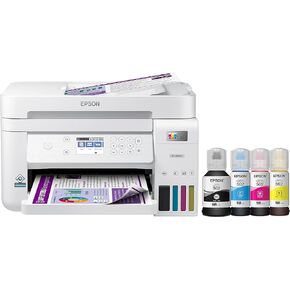 طابعة Epson EcoTank ET-3843 Supertank اللاسلكية الملونة الكل في واحد خالية من خرطوشة مع ماسح ضوئي وناسخة ووحدة تغذية المستندات التلقائية وإيثرنت للمكتب المنزلي المثالي، باللون الأبيض in Saudi Arabia