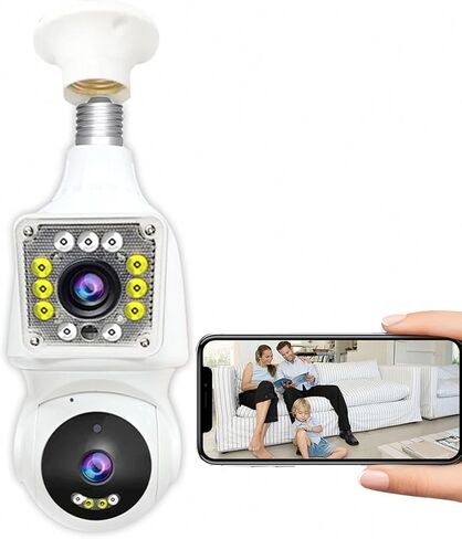 كاميرا مراقبة بمصباح كهربائي بعدسة مزدوجة 1080 بكسل، كاميرات مراقبة واي فاي 360 درجة PTZ 2.4G لاسلكية في الهواء الطلق في الأماكن المغلقة لأمن المنزل، رؤية ليلية ملونة، محادثة ثنائية الاتجاه، تتبع تلقائي، مقبس E27، تخزين سحابي وبطاقة SD in Kuwait