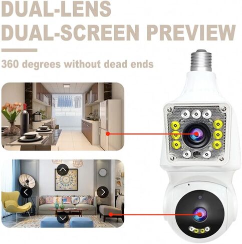 كاميرا مراقبة بمصباح كهربائي بعدسة مزدوجة 1080 بكسل، كاميرات مراقبة واي فاي 360 درجة PTZ 2.4G لاسلكية في الهواء الطلق في الأماكن المغلقة لأمن المنزل، رؤية ليلية ملونة، محادثة ثنائية الاتجاه، تتبع تلقائي، مقبس E27، تخزين سحابي وبطاقة SD in Kuwait
