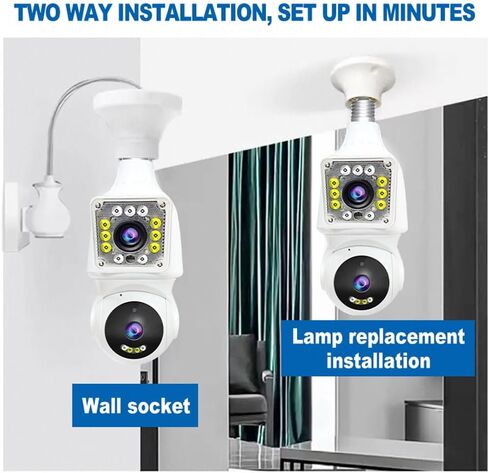 كاميرا مراقبة بمصباح كهربائي بعدسة مزدوجة 1080 بكسل، كاميرات مراقبة واي فاي 360 درجة PTZ 2.4G لاسلكية في الهواء الطلق في الأماكن المغلقة لأمن المنزل، رؤية ليلية ملونة، محادثة ثنائية الاتجاه، تتبع تلقائي، مقبس E27، تخزين سحابي وبطاقة SD in Kuwait