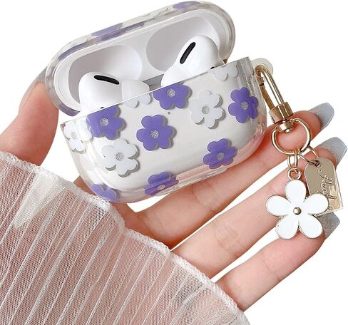 MINSCOSE متوافق مع حافظة AirPods Pro الشفافة، تصميم نمط زهرة كرتونية لطيف مع سلسلة مفاتيح زهرية، حافظة واقية ناعمة من مادة TPU مضادة للصدمات لـ AirPod Pro للفتيات والنساء - أسود in Kuwait