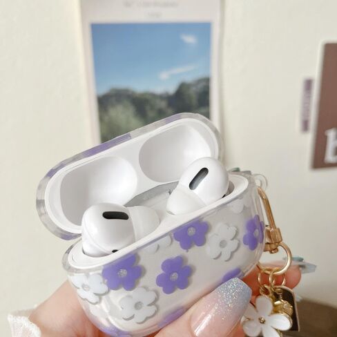MINSCOSE متوافق مع حافظة AirPods Pro الشفافة، تصميم نمط زهرة كرتونية لطيف مع سلسلة مفاتيح زهرية، حافظة واقية ناعمة من مادة TPU مضادة للصدمات لـ AirPod Pro للفتيات والنساء - أسود in Kuwait