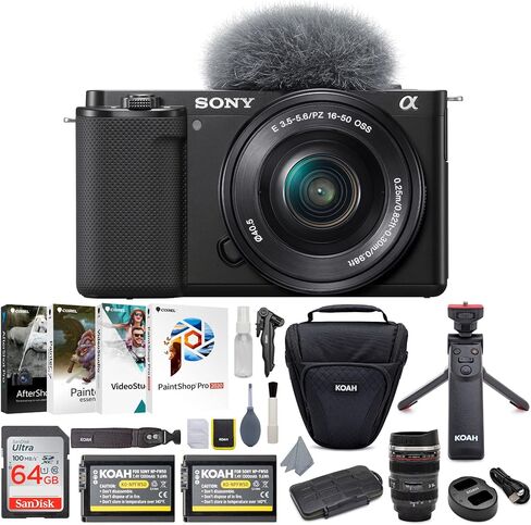 Sony Alpha ZV-E10 APS-C Interchangeable Lens Mirrorless Vlog Camera with 16-50mm Lens (Black) Bundle with Camera Grip, Editing Software, Battery and Dual Charger, Case, and 64GB Memory Card (8 Items) in Saudi Arabia