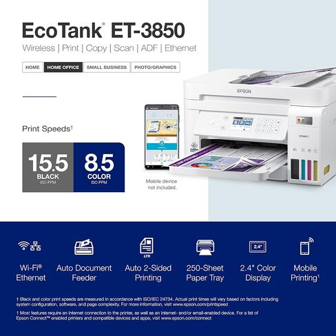 Epson EcoTank ET-3843 Wireless Color All-in-One Cartridge-Free Supertank Printer with Scanner, Copier, ADF and Ethernet-for The Ultimate Home Office, White in Saudi Arabia