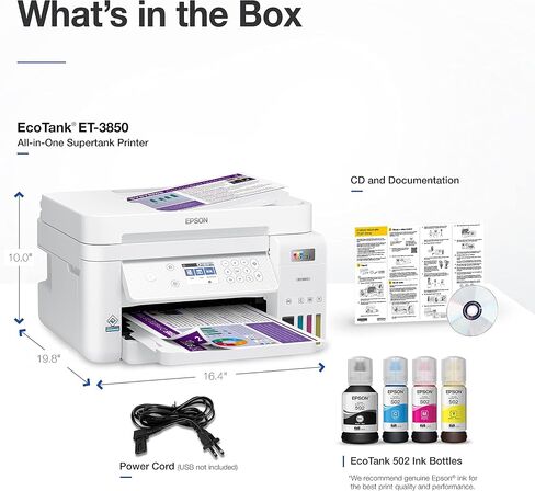 Epson EcoTank ET-3843 Wireless Color All-in-One Cartridge-Free Supertank Printer with Scanner, Copier, ADF and Ethernet-for The Ultimate Home Office, White in Saudi Arabia