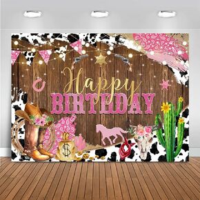 Mocsicka Western Cowgirl Birthday Backdrop for Girls Party Decorations Rustic Rodeo Boot & Horse Theme Photo Booth Background, Happy Birthday Banner Photo Booth Props (Pink, 7x5ft (82x60 inch)) in Kuwait
