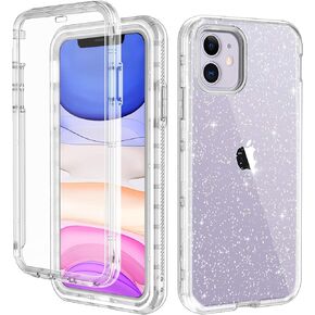 LONTECT for iPhone 11 Case Built-in Screen Protector Glitter Clear Sparkly Bling Rugged Shockproof Hybrid Full Body Protective Case Cover for Apple iPhone 11 6.1 2019, Clear/Silver Glitter