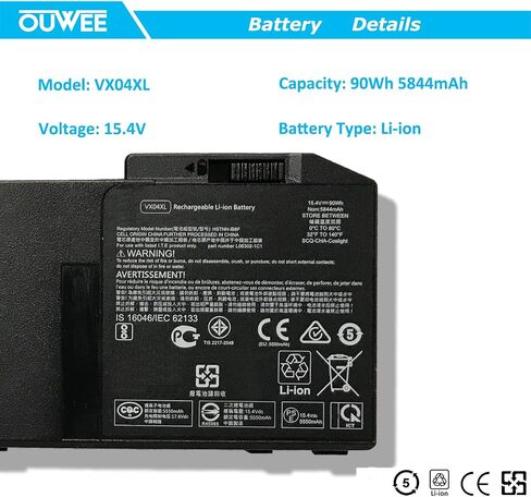 بطارية كمبيوتر محمول OUWEE VX04XL متوافقة مع HP Zbook 15 G5 G6 2YW99AV 2YX00AV 2ZC40EA 2ZC41EA 3AX02AV 3AX04AV 4QH14EA 5KY99AV Serie HSTNN-IB8F 4ME79AA HSN-Q13C L05766-855 L06302-1C1 15.4 الخامس 90 واط ساعة in Saudi Arabia