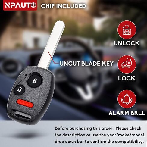 NPAUTO Key Fob Replacement for Honda CRV CRZ Accord Fit Insight 2007 2008 2009 2010 2011 2012 2013 2014 2015 Keyless Entry Remote Control Car Ignition Key Fobs (MLBHLIK-1T, 3 Button, 1Pcs) in Kuwait