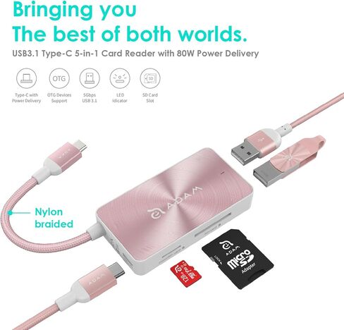 ADAM Elements 5-in-1 USB C Hub - 80W USB C PD - SD Card/microSD Card Reader - 2 USB A 3.1 Ports - Portable, Durable Aluminum Case, Compatible for Mac, Windows, Chrome in Kuwait