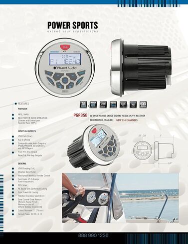 Planet Audio PGR35B Weatherproof Marine Gauge Receiver - Bluetooth, Digital Media MP3 Player, No CD Player, USB Port, AUX-In, AM/FM Radio Receiver in Saudi Arabia