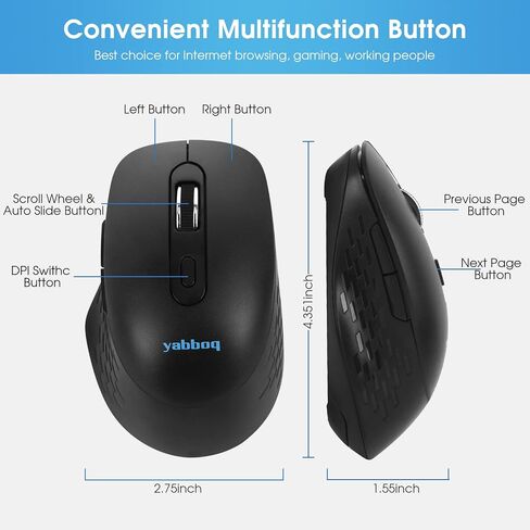 Wireless Mouse, 2.4G Wireless Computer Optical Mouse, Ergonomic 6 Buttons, 800/1200/1600 DPI, USB Receiver, Portable for Laptop, PC, MacBook, Desktop - Black in Saudi Arabia