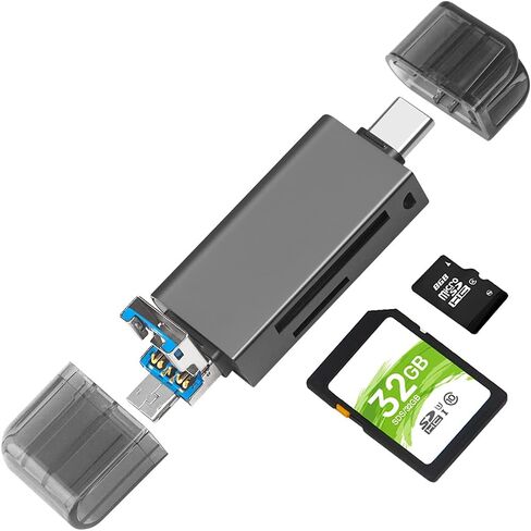قارئ بطاقة ذاكرة SD/Micro SD، قارئ بطاقة ذاكرة BorlterClamp 3 في 1 مع محول USB C Micro-USB OTG متوافق مع الكمبيوتر الشخصي أو الكمبيوتر المحمول أو ماك بوك أو الهاتف الذكي (رمادي داكن) in Kuwait