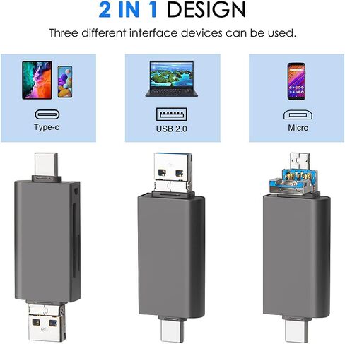 قارئ بطاقة ذاكرة SD/Micro SD، قارئ بطاقة ذاكرة BorlterClamp 3 في 1 مع محول USB C Micro-USB OTG متوافق مع الكمبيوتر الشخصي أو الكمبيوتر المحمول أو ماك بوك أو الهاتف الذكي (رمادي داكن) in Kuwait
