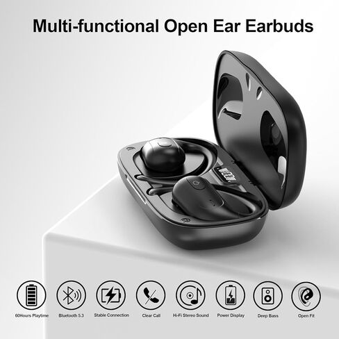 Hyyeosd Open Ear Earbuds, Bluetooth Earbuds 5.3, Deep Bass, Open Fit, 60 Hours Playtime, Digital Display Charging Case, Bone Conduction Bluetooth Headphones for Running, Cycling, Walking,Workout in Kuwait