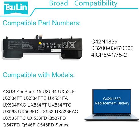 C42N1839 بطارية الكمبيوتر المحمول لـ ASUS ZenBook 15 UX534 UX534F UX534FT UX534FTC UX534FAC UX534FA UX534FT UX533FD ux563 ux563fd ux533 Q546FD سلسلة in Kuwait