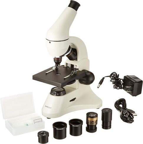 AmScope M120C-2L-PB10-E1 Digital Compound Monocular Microscope, WF10x and WF25x Eyepieces, 40x-1000x Magnification, Brightfield, Upper and Lower LED Illumination, Plain Stage, Includes Blank and Prepared Slides, 1.3MP Camera and Software in Saudi Arabia