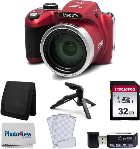 كاميرا رقمية MN53 من مينولتا (احمر) حزمة مع بطاقة ذاكرة SD 32GB، محفظة بطاقة ذاكرة ثلاثية الطيات، مقبض يدوي ثلاثي القوائم، قارئ بطاقات SD USB عالي السرعة (7 عناصر) in Kuwait