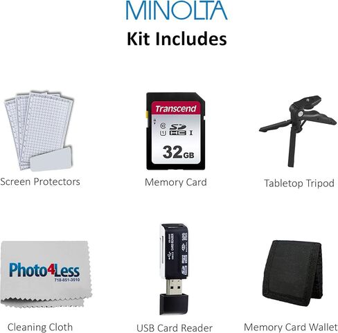 كاميرا رقمية MN53 من مينولتا (احمر) حزمة مع بطاقة ذاكرة SD 32GB، محفظة بطاقة ذاكرة ثلاثية الطيات، مقبض يدوي ثلاثي القوائم، قارئ بطاقات SD USB عالي السرعة (7 عناصر) in Kuwait
