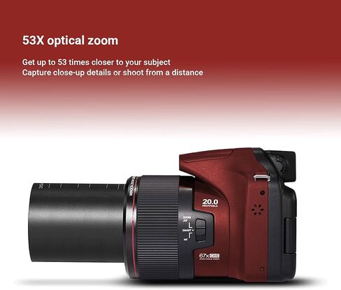 كاميرا رقمية MN53 من مينولتا (احمر) حزمة مع بطاقة ذاكرة SD 32GB، محفظة بطاقة ذاكرة ثلاثية الطيات، مقبض يدوي ثلاثي القوائم، قارئ بطاقات SD USB عالي السرعة (7 عناصر) in Kuwait