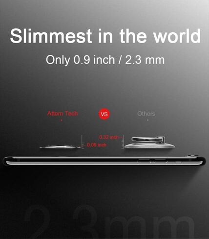 World's Slimmest Phone Ring Holder,Attom Tech Ultra Thin Cell Phone Ring Stand for Magnetic Car Mount Hook Compatible for iPhone Xs XR X 8 7 Plus 6S 6 5s 5 SE,Galaxy S8 S7 S6 Edge,Note 8 (Black) in Kuwait