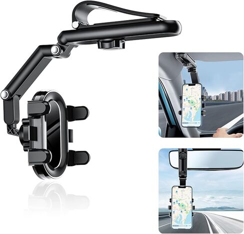 حامل موبايل للسيارة قابل للدوران يثبت على حاجب الشمس لمراة الرؤية الخلفية، مشبك حامل سيارة متعدد الوظائف [مشبك مطور لا يسقط أبدًا] يناسب جميع هواتف ايفون واندرويد الذكية in Kuwait