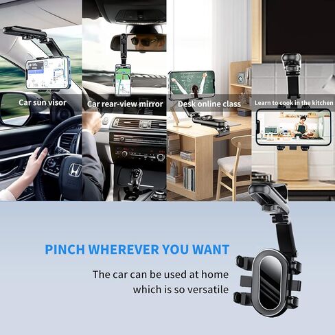حامل موبايل للسيارة قابل للدوران يثبت على حاجب الشمس لمراة الرؤية الخلفية، مشبك حامل سيارة متعدد الوظائف [مشبك مطور لا يسقط أبدًا] يناسب جميع هواتف ايفون واندرويد الذكية in Kuwait