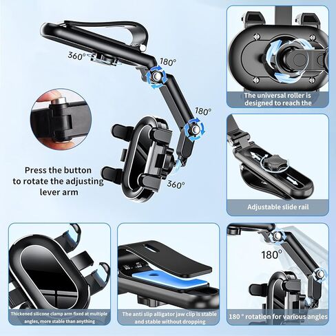 حامل موبايل للسيارة قابل للدوران يثبت على حاجب الشمس لمراة الرؤية الخلفية، مشبك حامل سيارة متعدد الوظائف [مشبك مطور لا يسقط أبدًا] يناسب جميع هواتف ايفون واندرويد الذكية in Kuwait