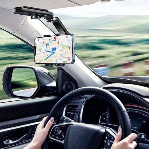 حامل موبايل للسيارة قابل للدوران يثبت على حاجب الشمس لمراة الرؤية الخلفية، مشبك حامل سيارة متعدد الوظائف [مشبك مطور لا يسقط أبدًا] يناسب جميع هواتف ايفون واندرويد الذكية in Kuwait