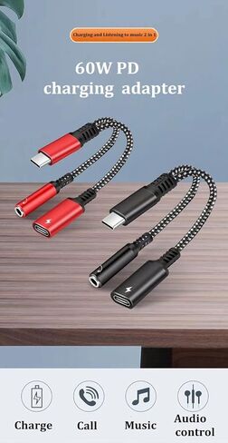 EARLA TEC USB C to 3.5mm Audio Jack and PD Charger Adapter Cable, 2-in-1 Splitter Cord Type C to 3.5 mm Headphones Aux with 60W Fast Charging Port Wire in Kuwait