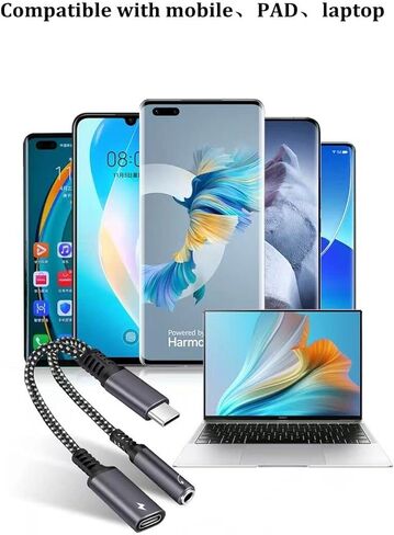 EARLA TEC USB C to 3.5mm Audio Jack and PD Charger Adapter Cable, 2-in-1 Splitter Cord Type C to 3.5 mm Headphones Aux with 60W Fast Charging Port Wire in Kuwait