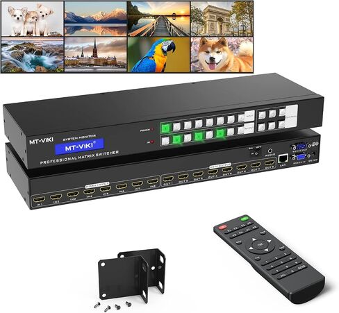 MT-VIKI 4K HDMI Matrix Switch 8X8 يدعم واجهة المستخدم الرسومية على الويب مع جهاز تحكم عن بعد بالأشعة تحت الحمراء، 4K عند 30 هرتز، صوت ستيريو 3.5 مم، محول ومقسم على حامل، EDID، RS232، منفذ LAN in Kuwait