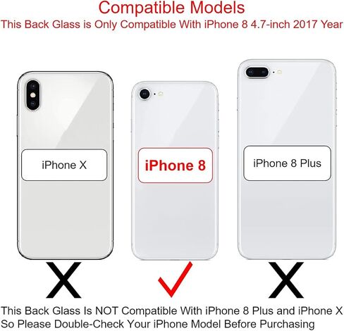 قطعتان من الزجاج الخلفي بديل لهاتف iPhone 8 من Day-market (4.7 بوصة) مع شريط مثبت مسبقًا وأدوات إصلاح (فضي) in Kuwait